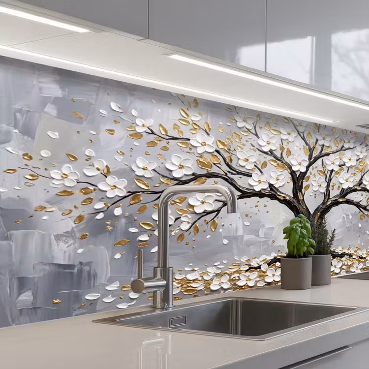 Kitchen splashback - Tree - Flowers - Nature - Abstract - White — 2