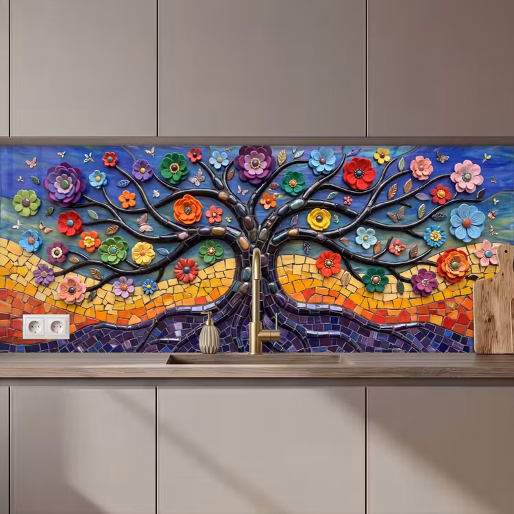 Kitchen splashback - Tree of life - Mosaic - Flowers - Colorful - Cheerful — 1