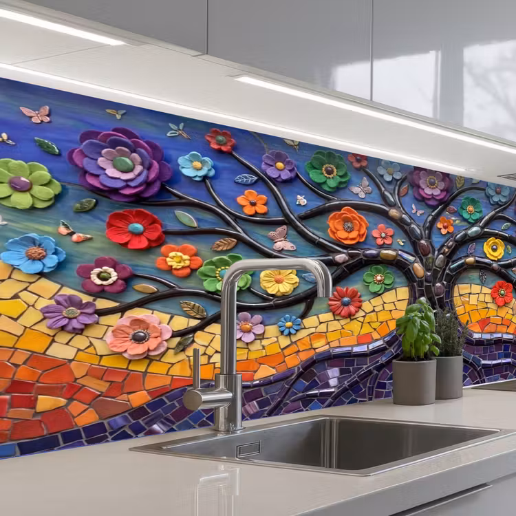 Kitchen splashback - Tree of life - Mosaic - Flowers - Colorful - Cheerful — 2