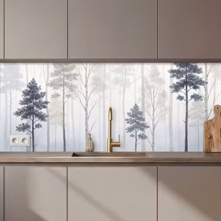 Kitchen splashback - Forest - Trees - Fog - Nature - Illustration - Gray — 1