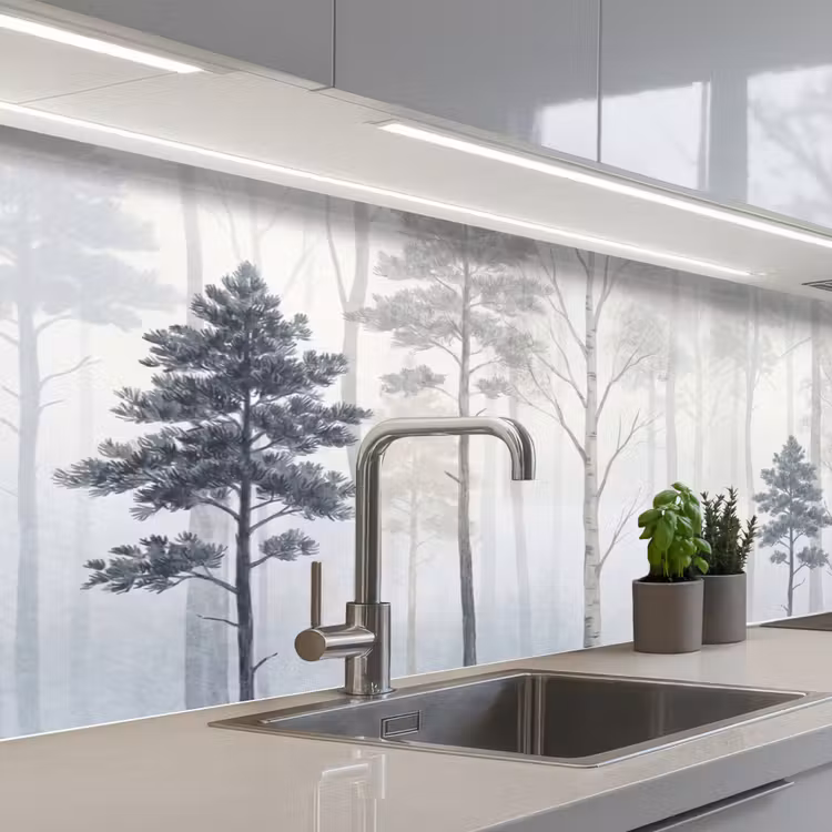 Kitchen splashback - Forest - Trees - Fog - Nature - Illustration - Gray — 2