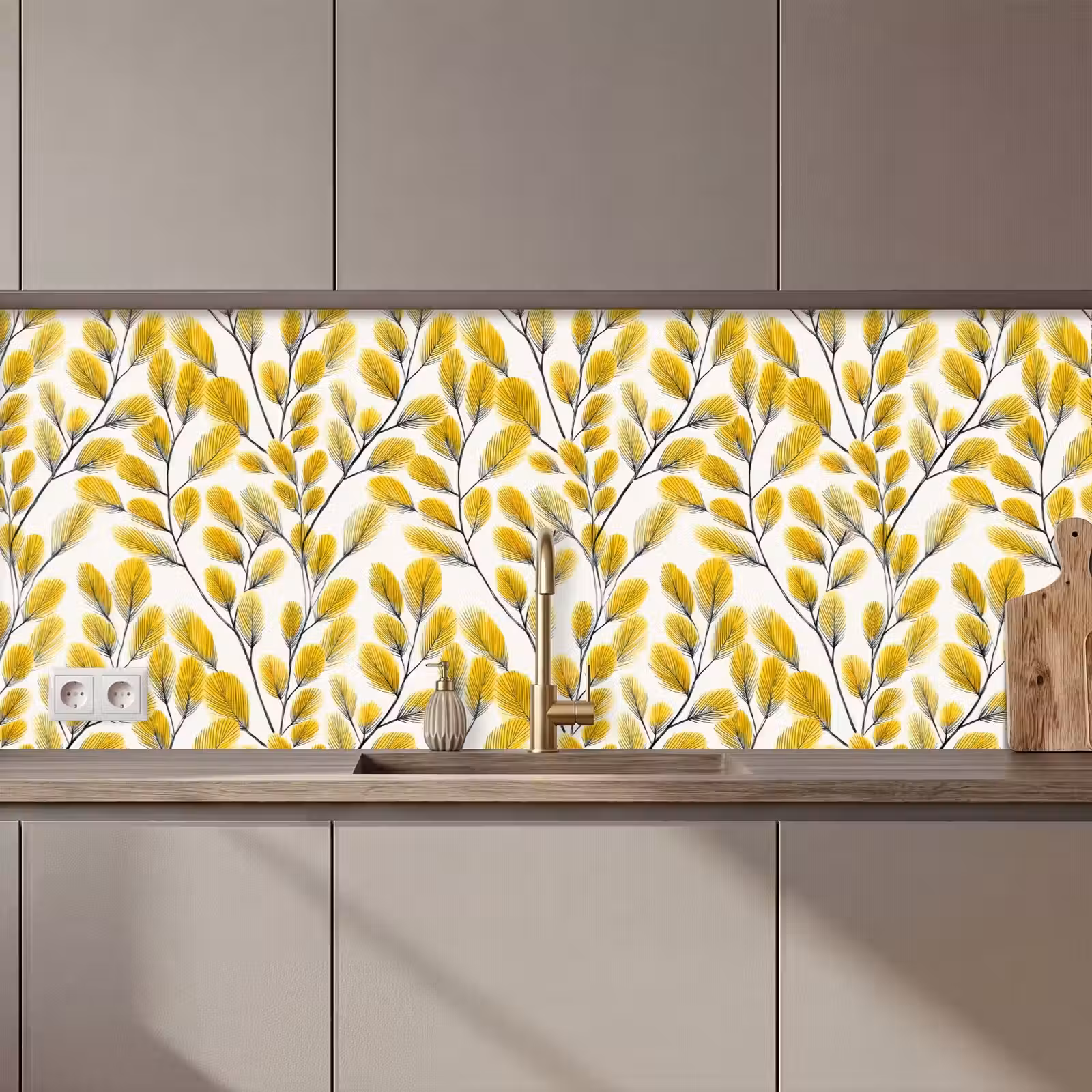 Kitchen splashback - Leaves - Botanical - Elegant - Yellow - Black — 1