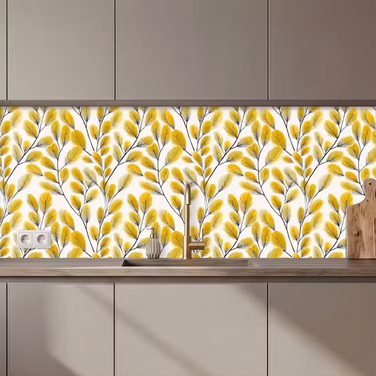 Kitchen splashback - Leaves - Botanical - Elegant - Yellow - Black — 1