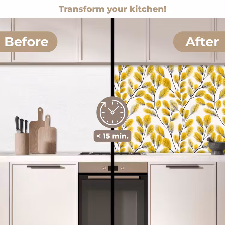 Kitchen splashback - Leaves - Botanical - Elegant - Yellow - Black — 3