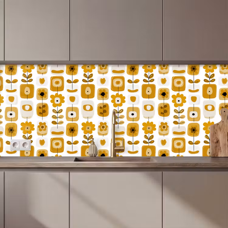 Kitchen splashback - Retro - Abstract - Flowers - Ochre Yellow — 1