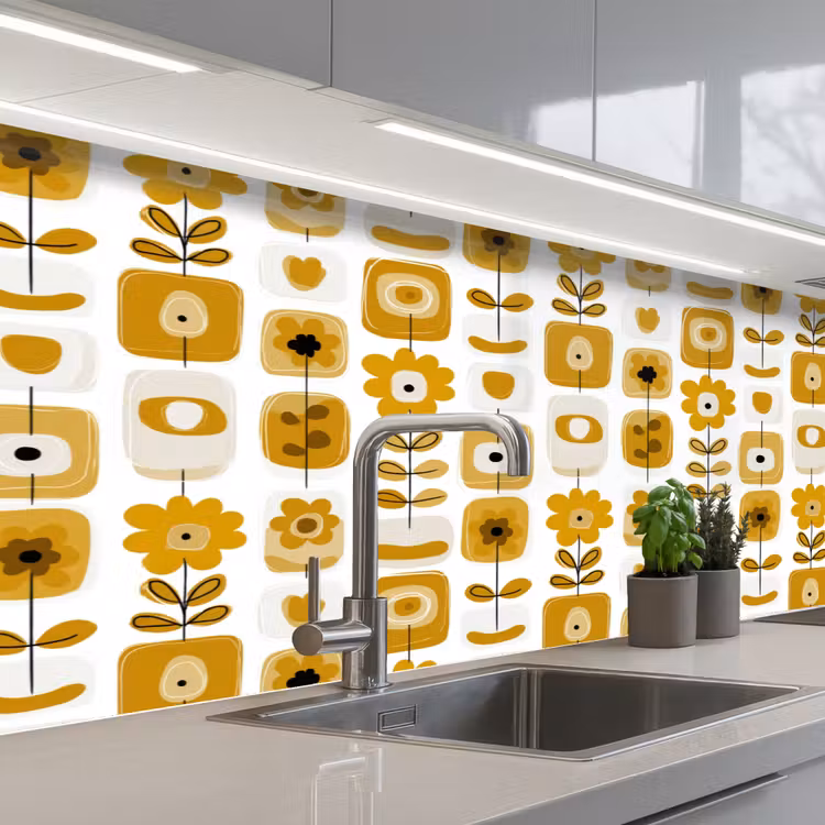 Kitchen splashback - Retro - Abstract - Flowers - Ochre Yellow — 2