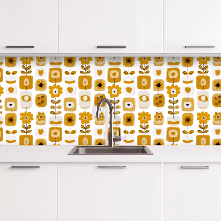 Kitchen splashback - Retro - Abstract - Flowers - Ochre Yellow — 4