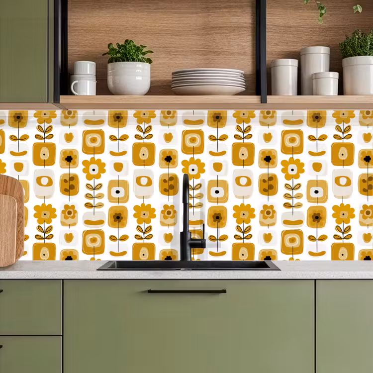Kitchen splashback - Retro - Abstract - Flowers - Ochre Yellow — 8