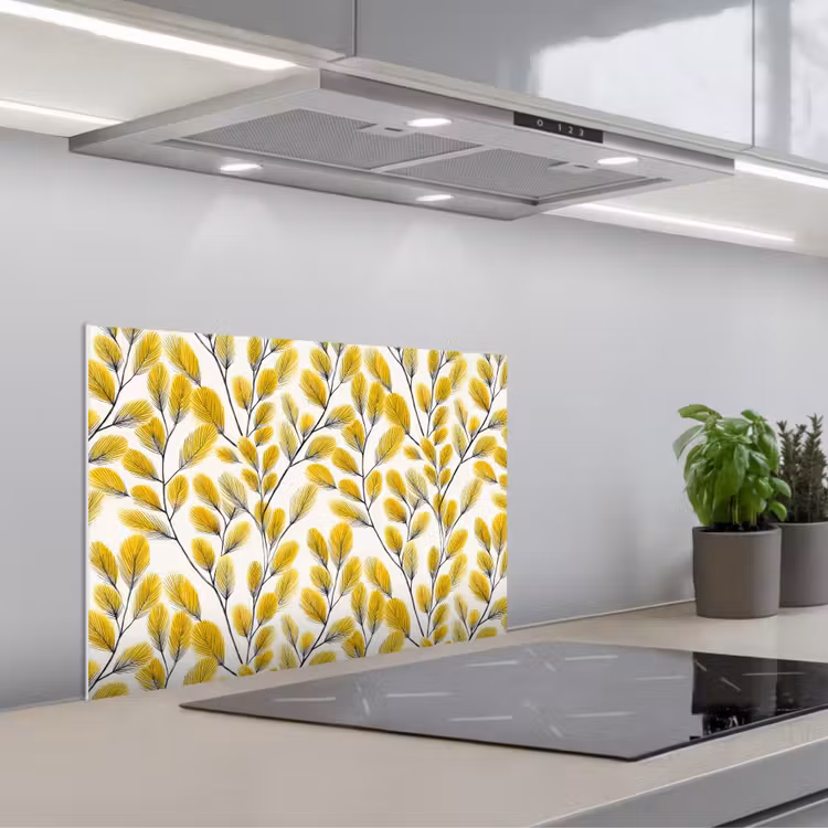 Kitchen splashback for hob - Leaves - Botanical - Elegant - Yellow - Black — 1