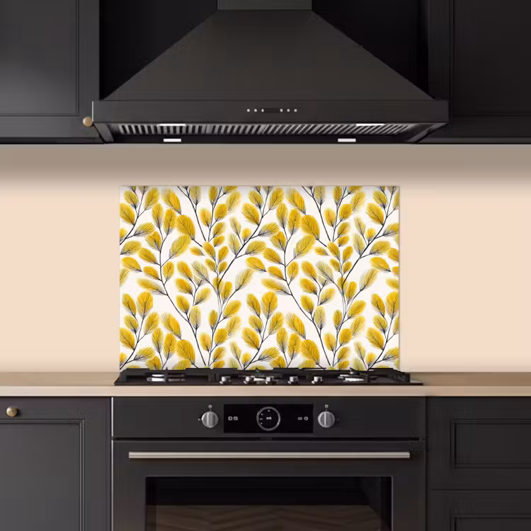 Kitchen splashback for hob - Leaves - Botanical - Elegant - Yellow - Black — 5