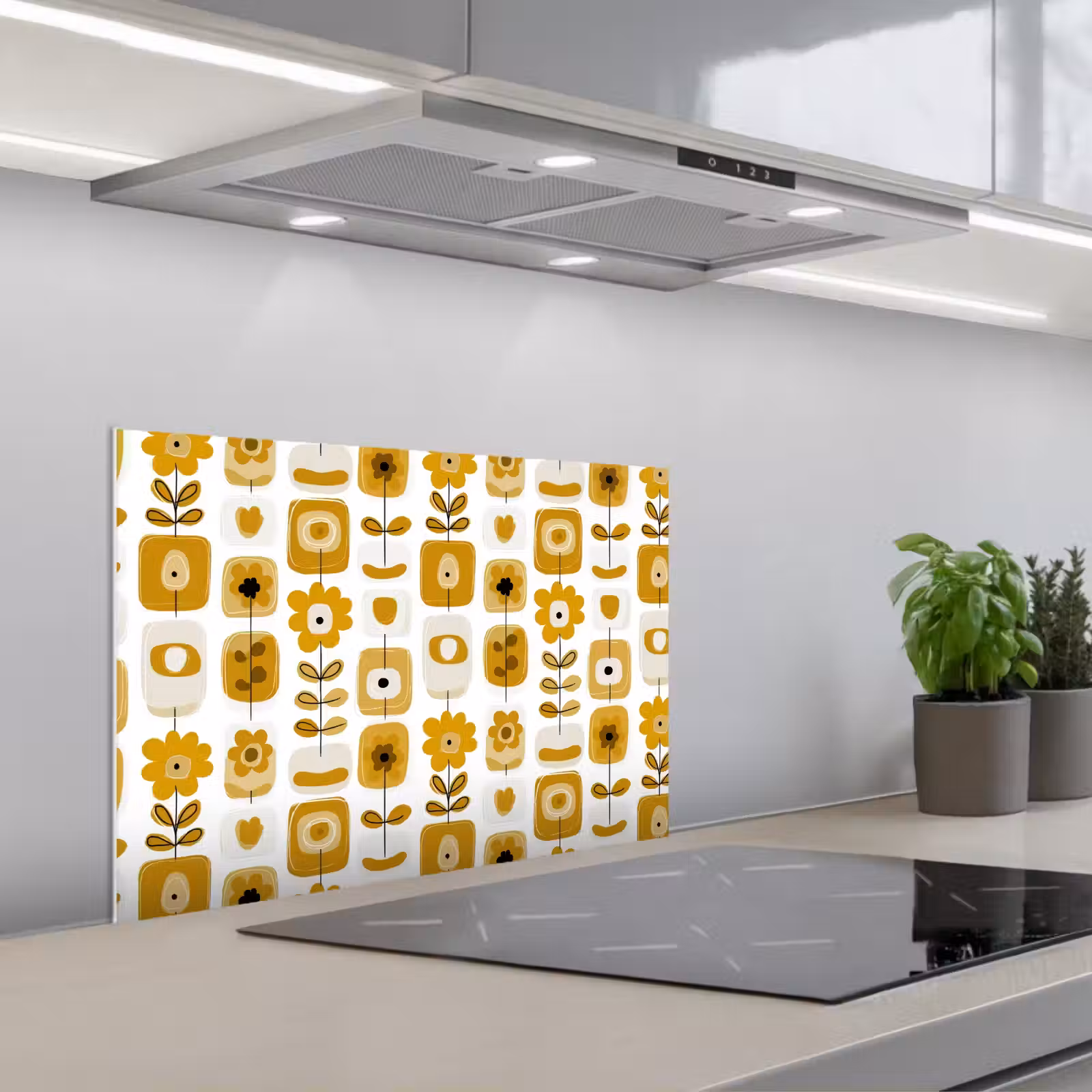 Kitchen splashback for hob - Retro - Abstract - Flowers - Ochre Yellow — 1