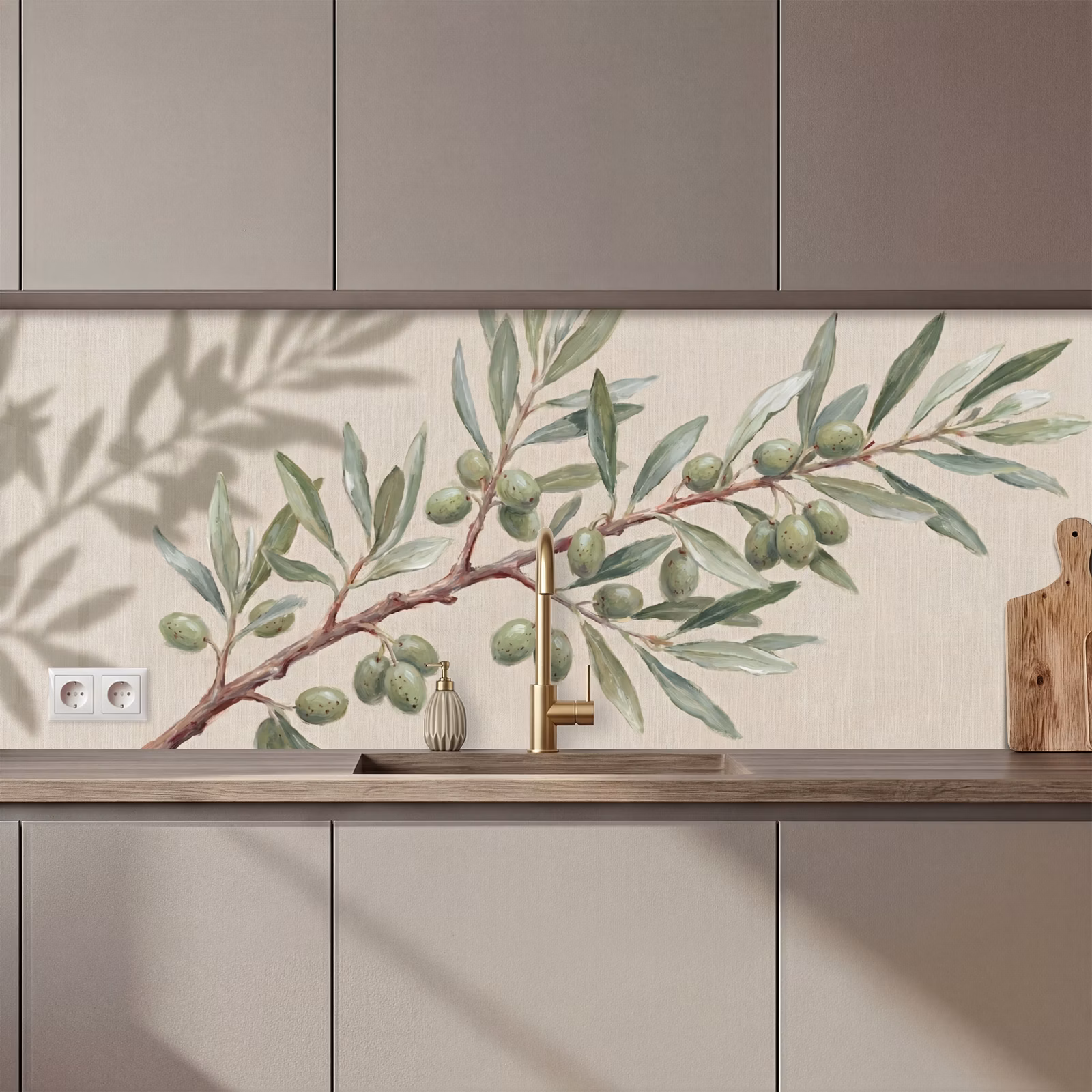 Kitchen splashback - Olive Branch - Leaves - Nature - Green - Beige — 1