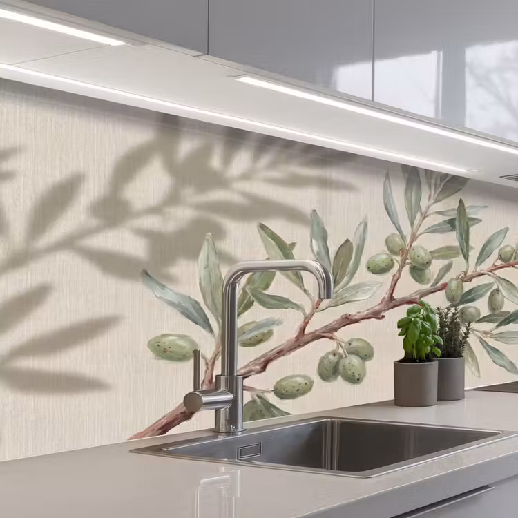 Kitchen splashback - Olive Branch - Leaves - Nature - Green - Beige — 2