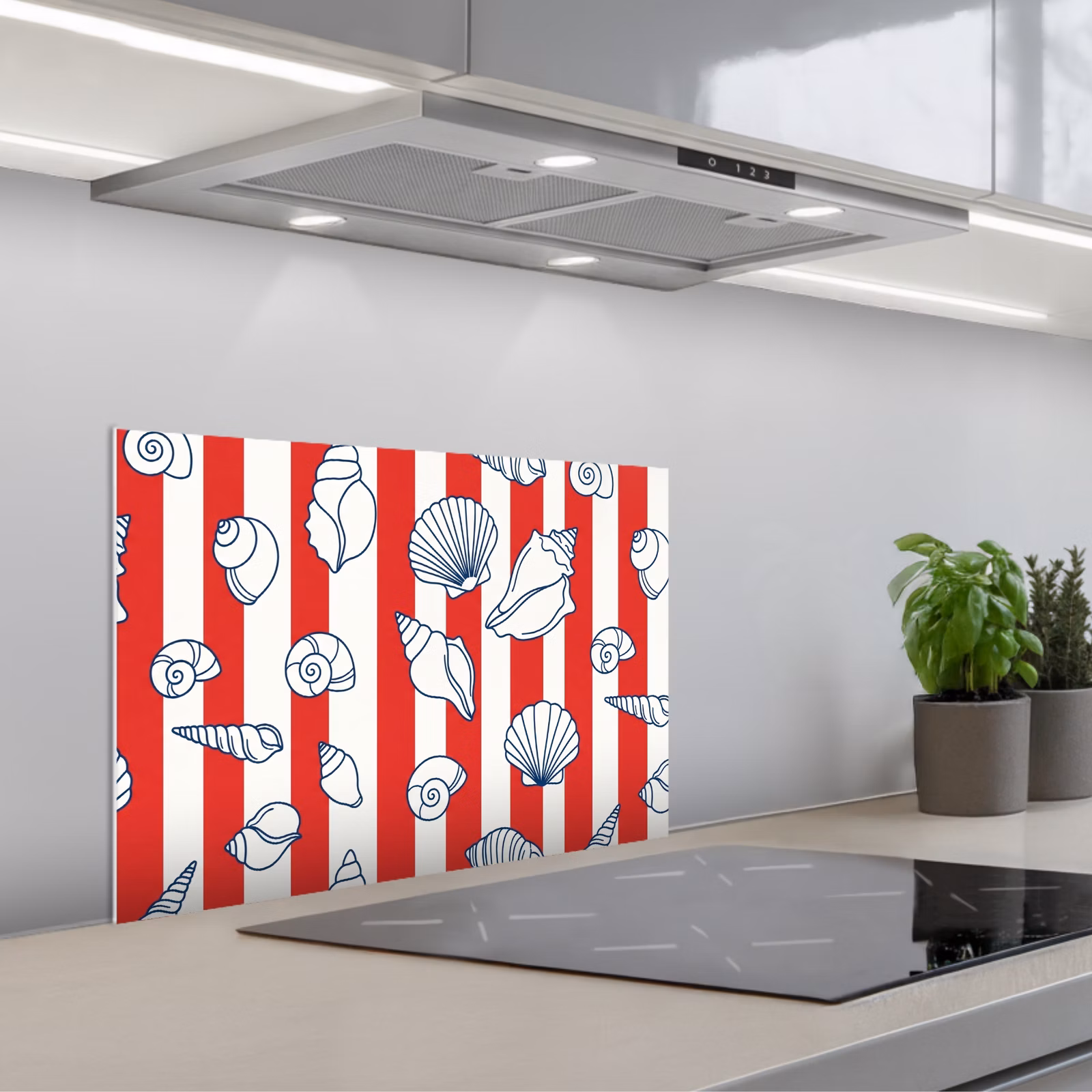 Kitchen splashback for hob - Shell - Sea Creatures - Summer - Illustration - Red - Blue — 1