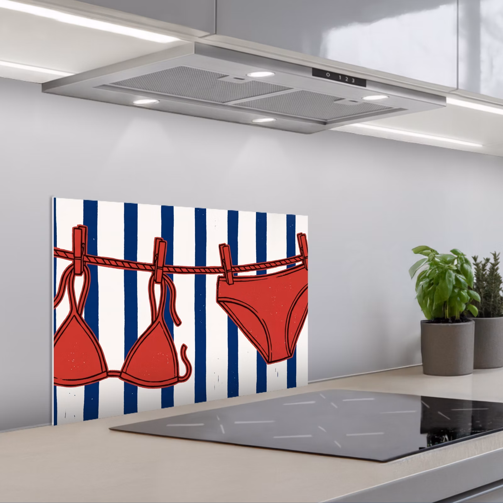 Kitchen splashback for hob - Swimwear - Clothesline - Summer - Illustration - Red — 1