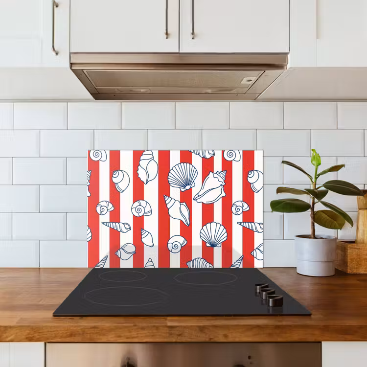 Kitchen splashback for hob - Shell - Sea Creatures - Summer - Illustration - Red - Blue — 3