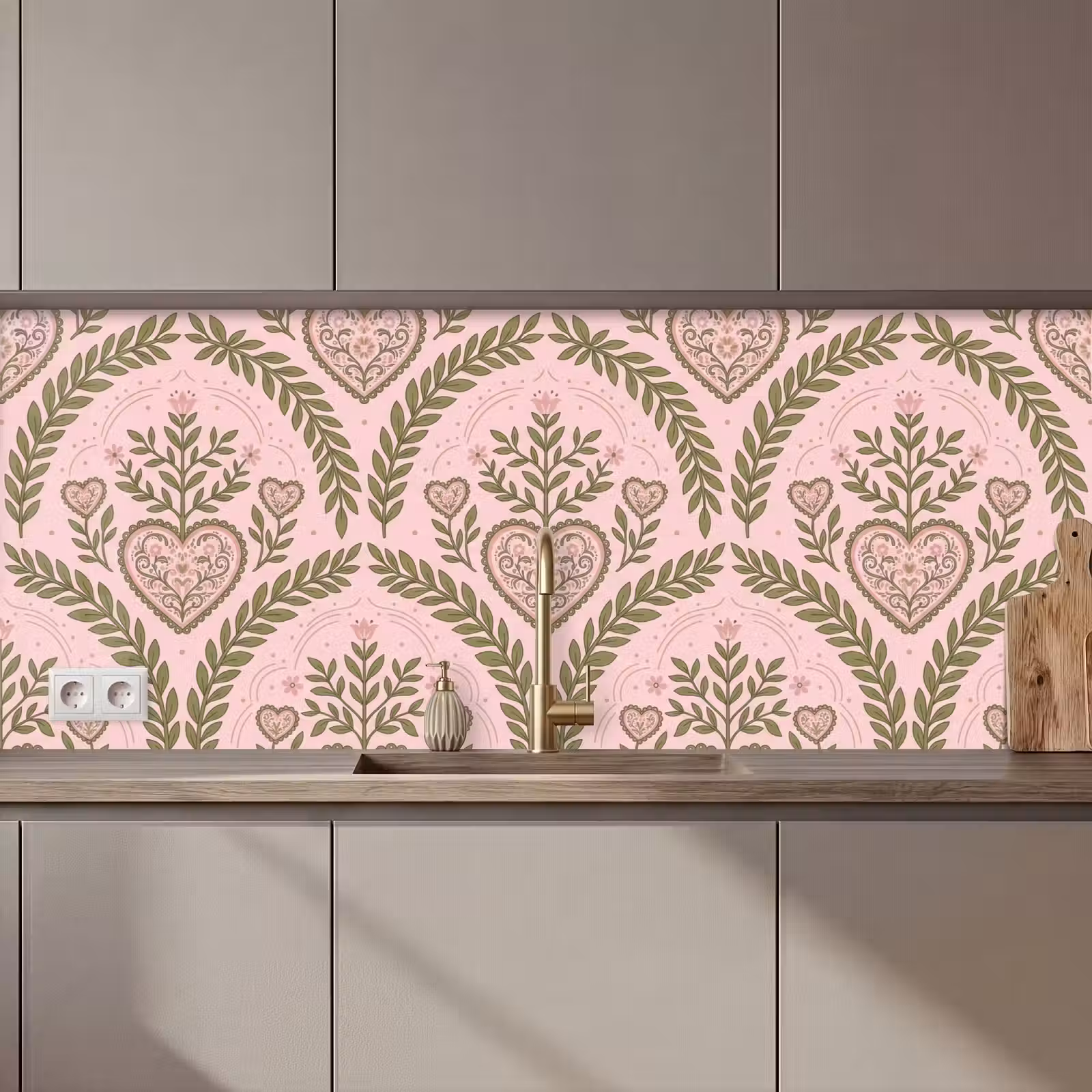 Kitchen splashback - Pattern - Heart - Flowers - Folk - Pink — 1