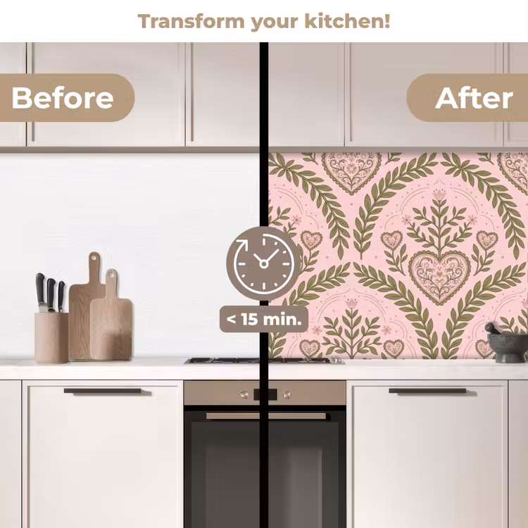 Kitchen splashback - Pattern - Heart - Flowers - Folk - Pink — 3