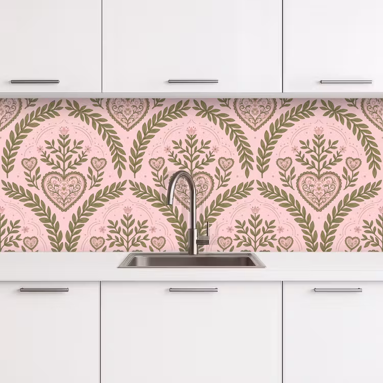 Kitchen splashback - Pattern - Heart - Flowers - Folk - Pink — 4