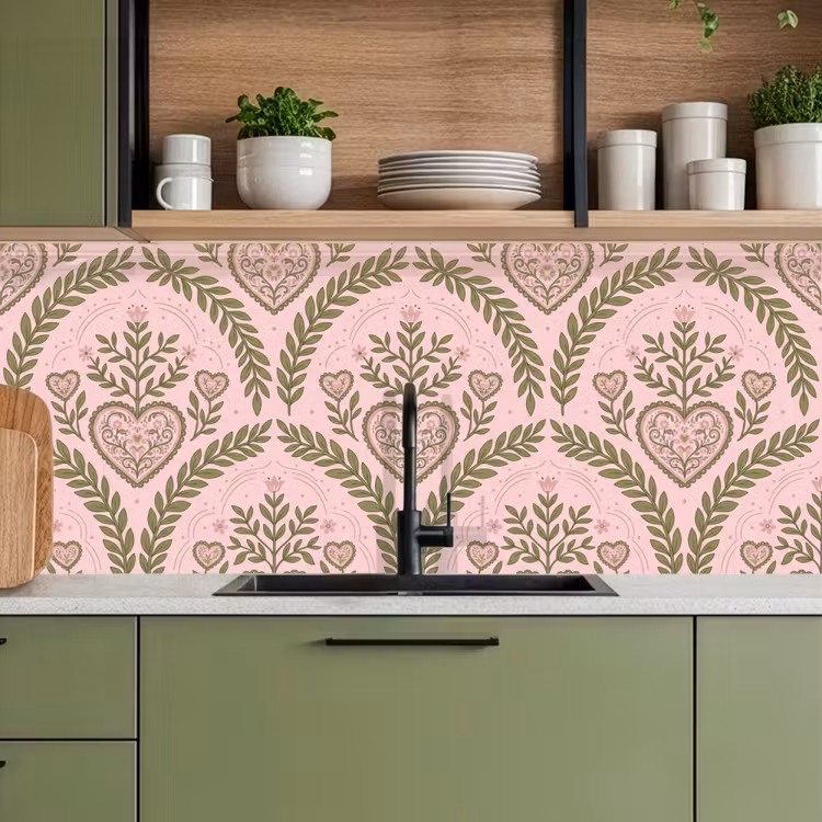 Kitchen splashback - Pattern - Heart - Flowers - Folk - Pink — 8