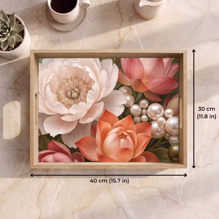 Tray - Flowers - Pearls - Elegant - Pink - White — 7