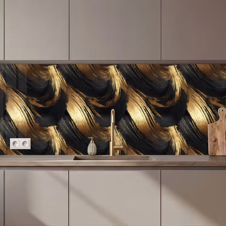 Kitchen splashback - Paint Strokes - Abstract - Gold - Black — 1