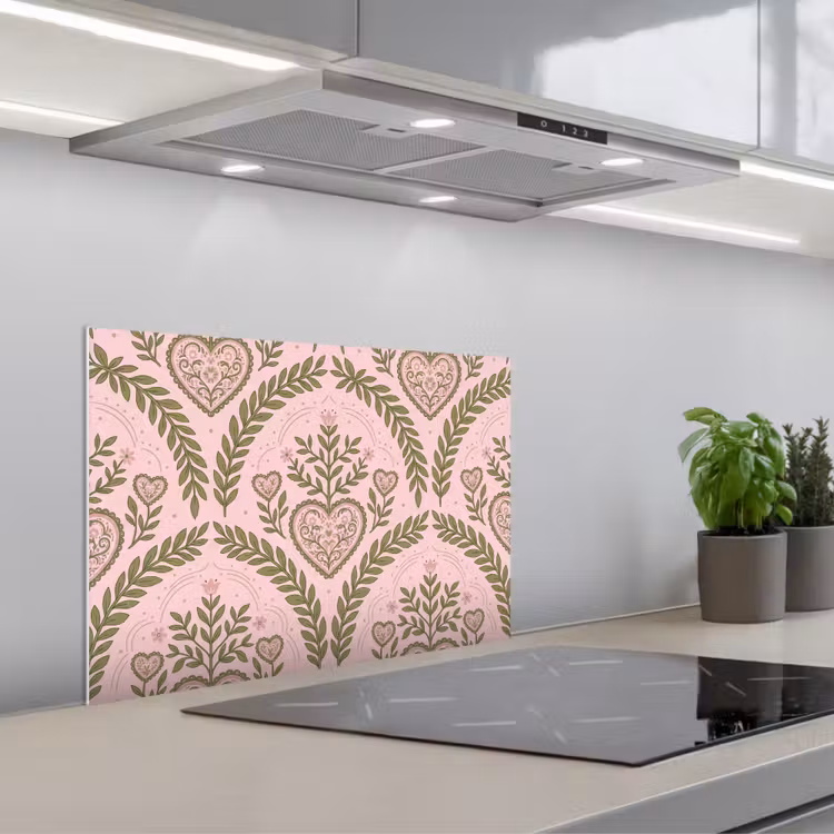 Kitchen splashback for hob - Pattern - Heart - Flowers - Folk - Pink — 1