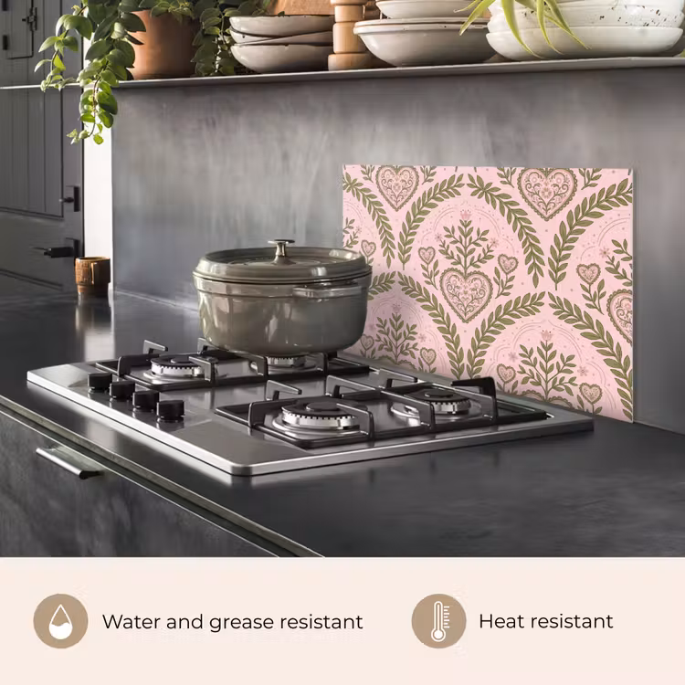 Kitchen splashback for hob - Pattern - Heart - Flowers - Folk - Pink — 2