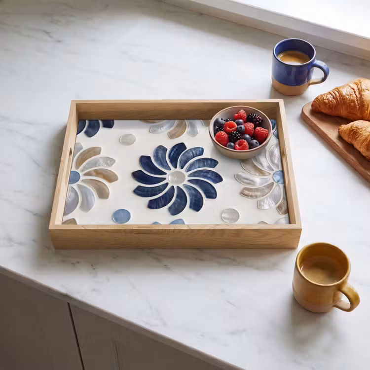Tray - Flowers - Mother-of-Pearl - Abstract - Pattern - Blue — 3