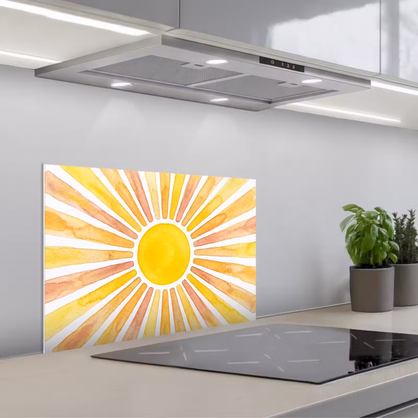 Kitchen splashback for hob - Sun - Rays - Watercolor - Yellow - Abstract — 1