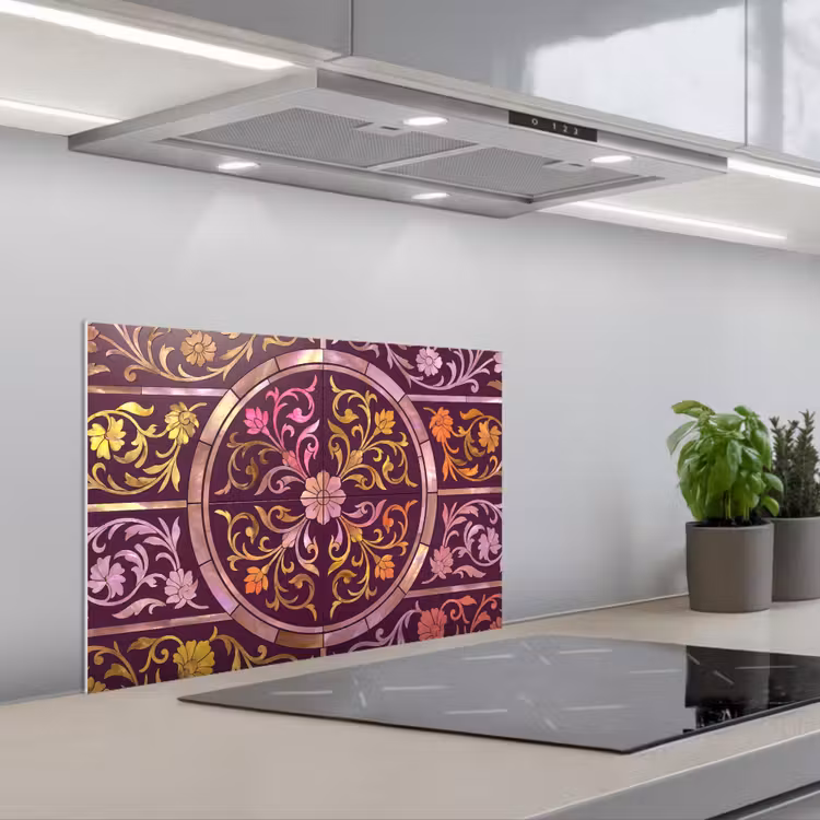 Kitchen splashback for hob - Pattern - Floral - Oriental - Purple - Gold — 1
