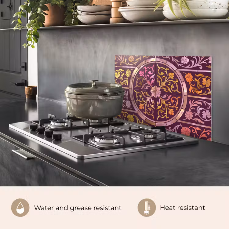 Kitchen splashback for hob - Pattern - Floral - Oriental - Purple - Gold — 2