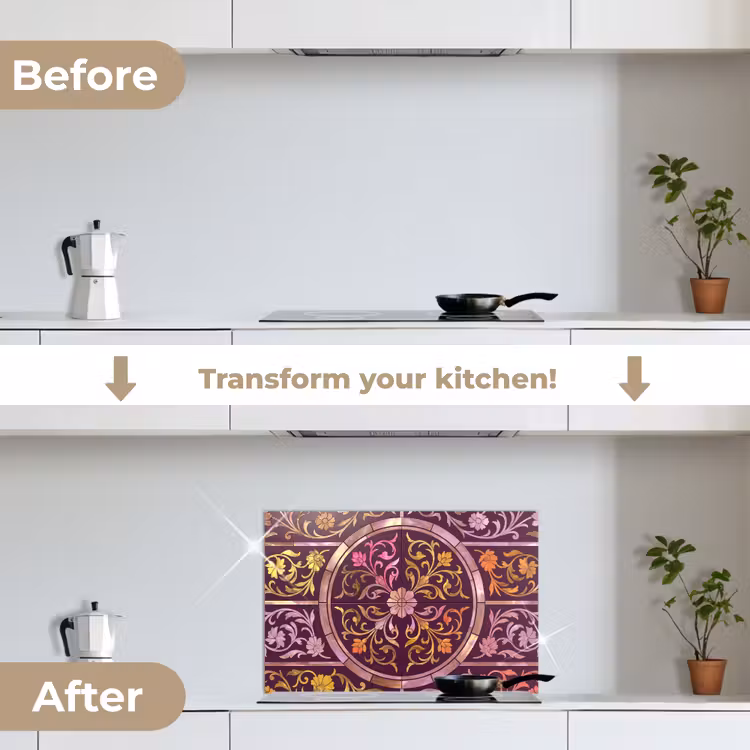 Kitchen splashback for hob - Pattern - Floral - Oriental - Purple - Gold — 7