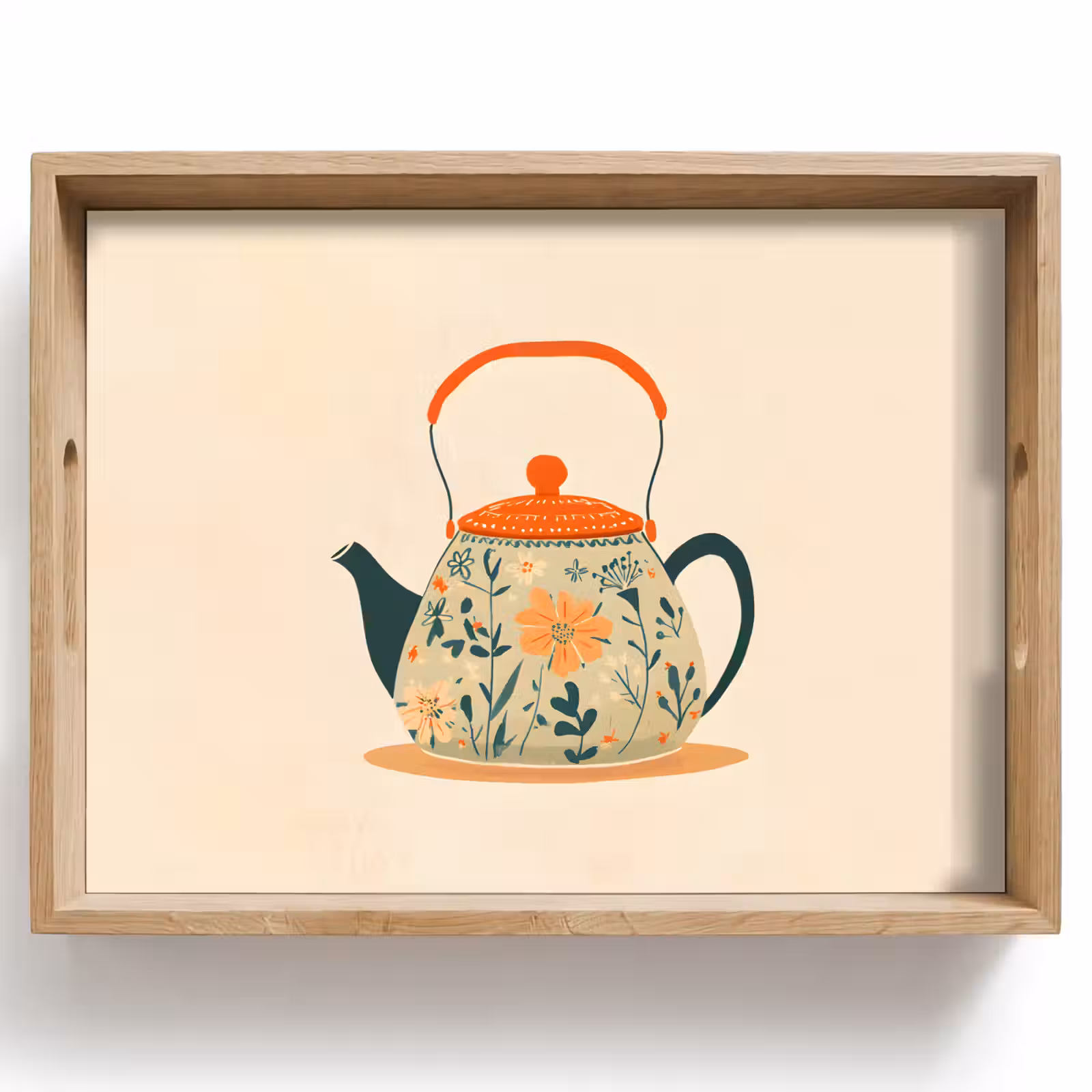 Tray - Orange - Teapot - Flowers - Leaves — 1