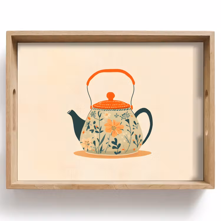 Tray - Orange - Teapot - Flowers - Leaves — 1