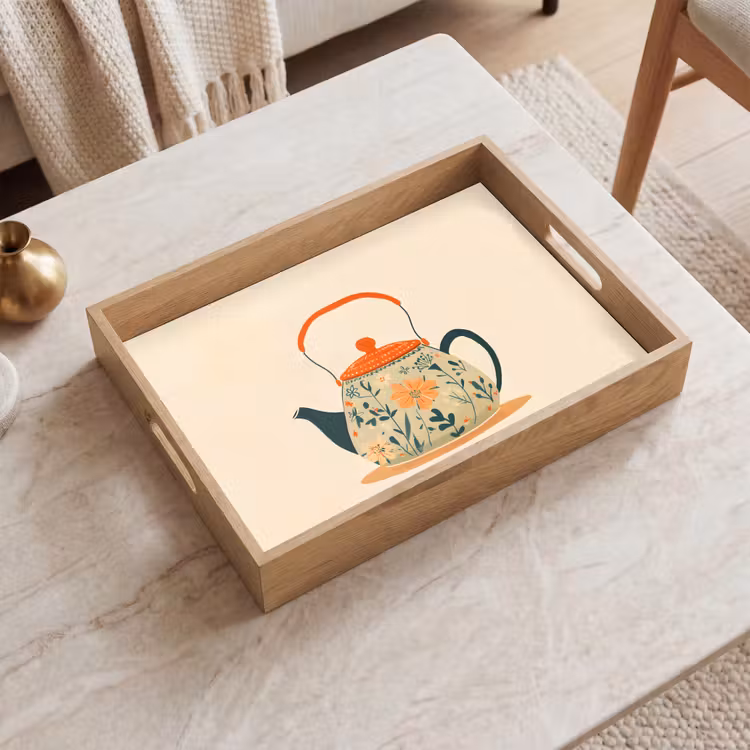 Tray - Orange - Teapot - Flowers - Leaves — 2