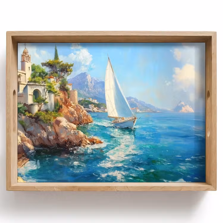 Tray - Sailboat - Rocks - Coast - Houses — 1