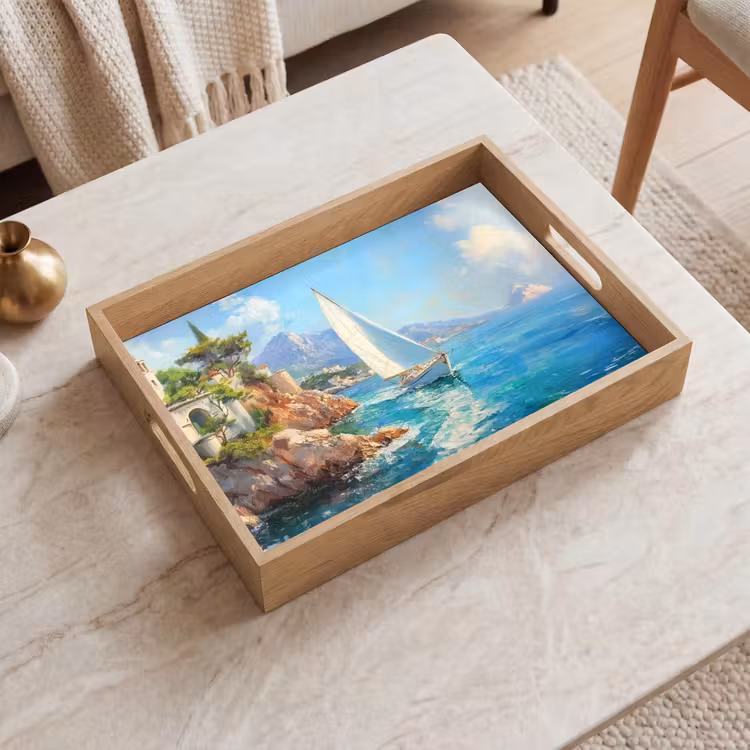 Tray - Sailboat - Rocks - Coast - Houses — 2