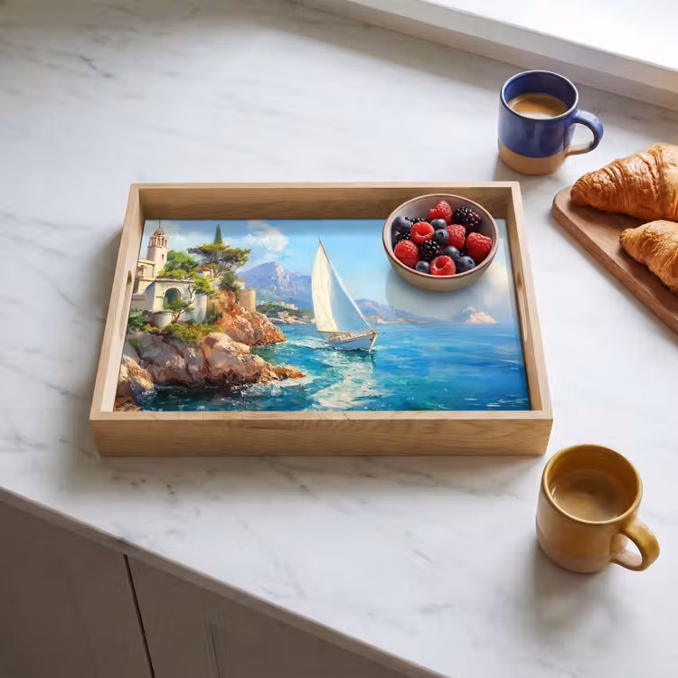 Tray - Sailboat - Rocks - Coast - Houses — 3