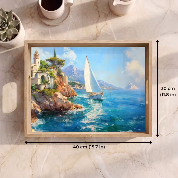 Tray - Sailboat - Rocks - Coast - Houses — 7
