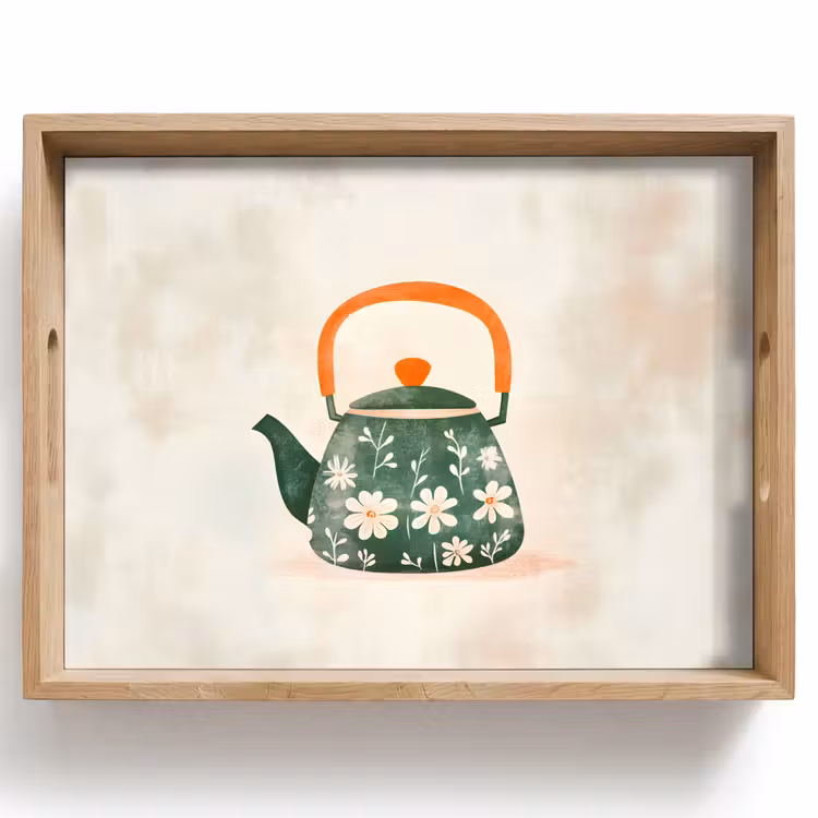 Tray - Teapot - Green - Flowers - Orange — 1
