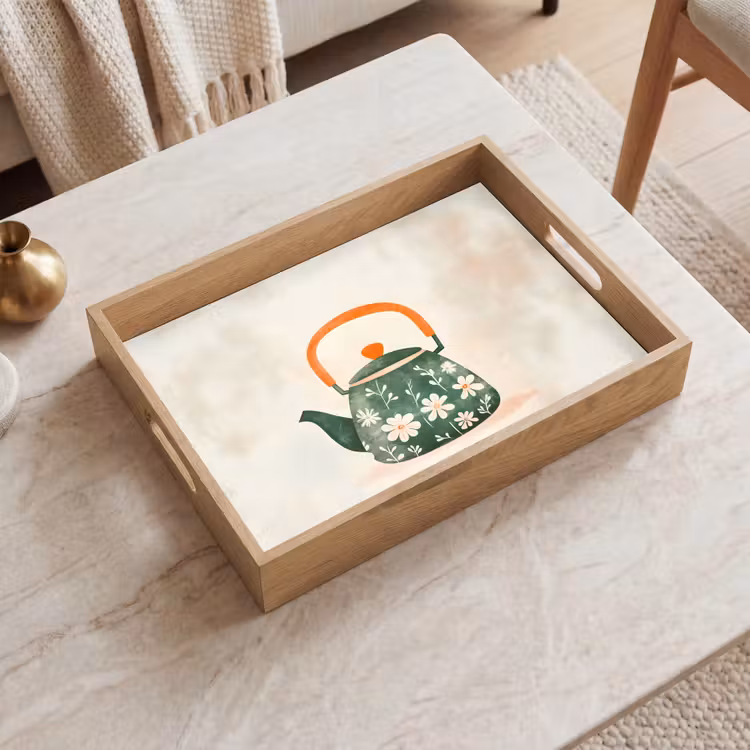 Tray - Teapot - Green - Flowers - Orange — 2
