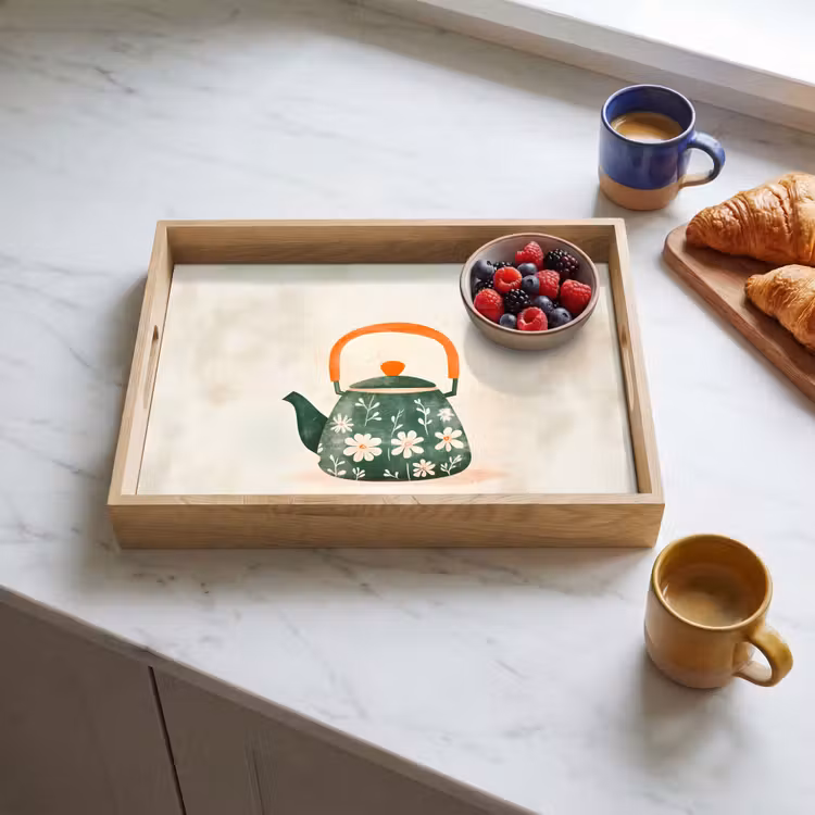 Tray - Teapot - Green - Flowers - Orange — 3