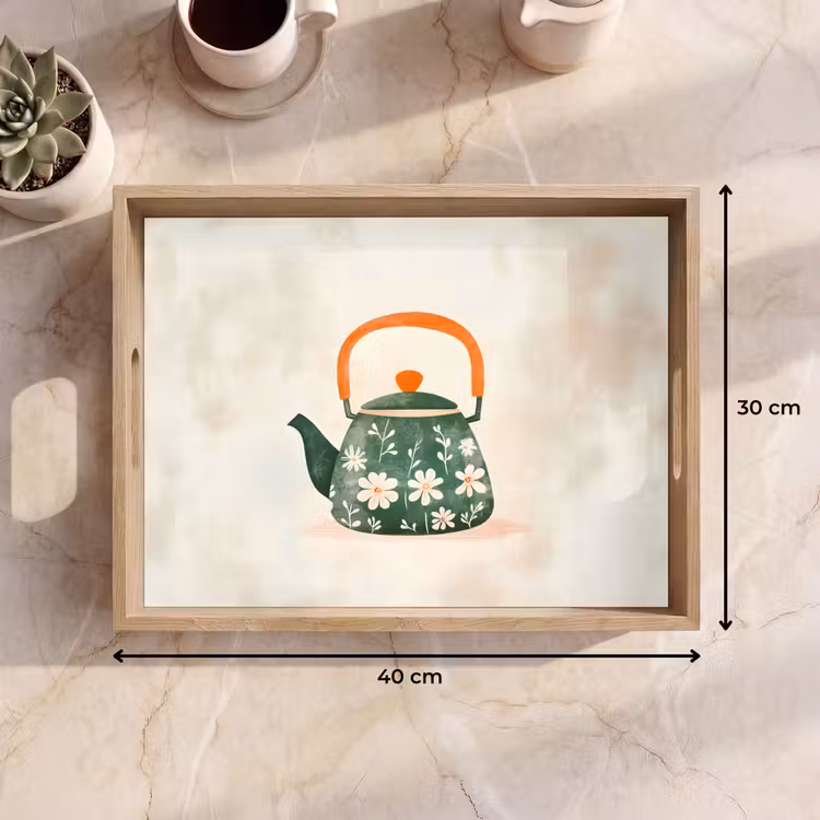 Tray - Teapot - Green - Flowers - Orange — 8