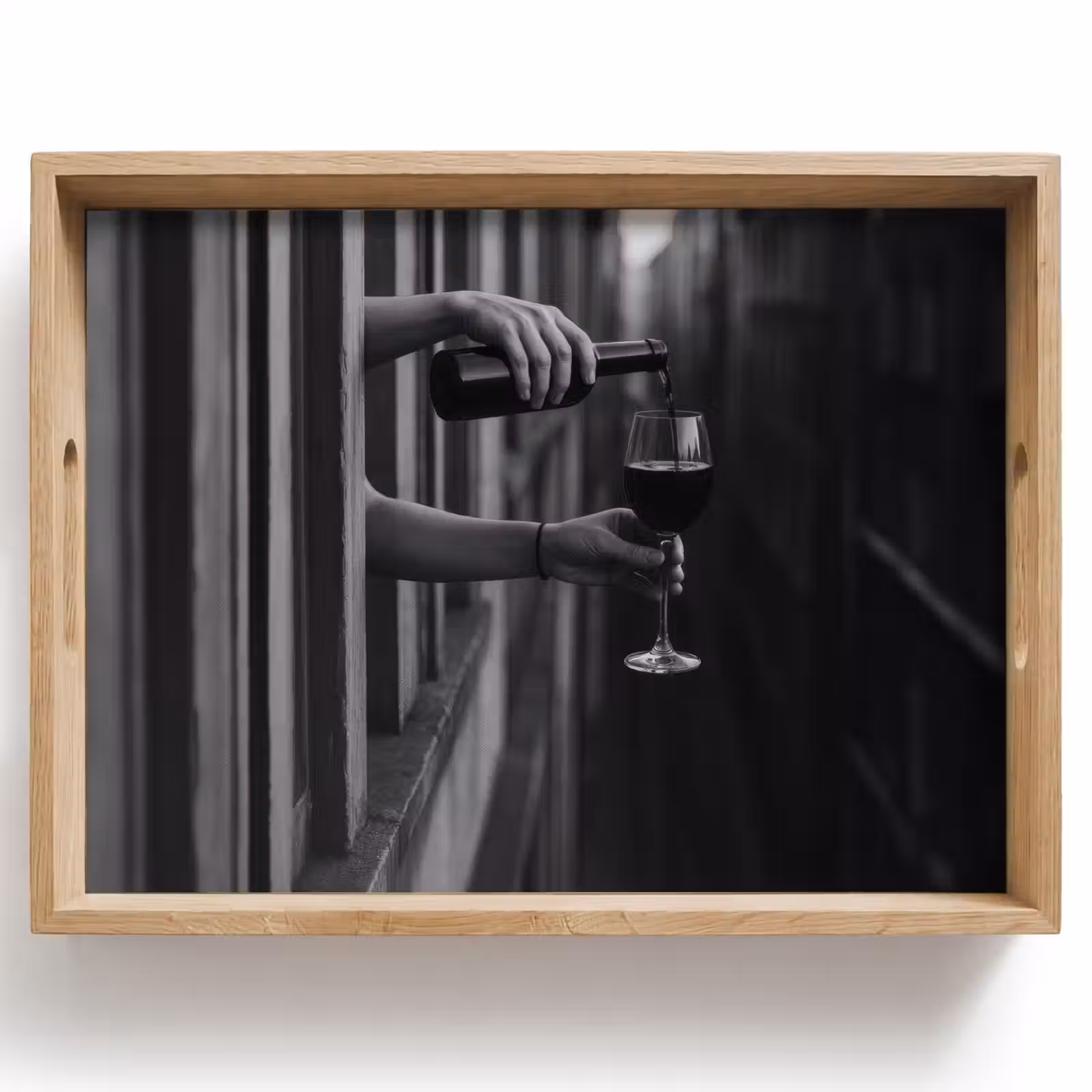 Tray - Wine bottle - Glass - Hands - Window — 1