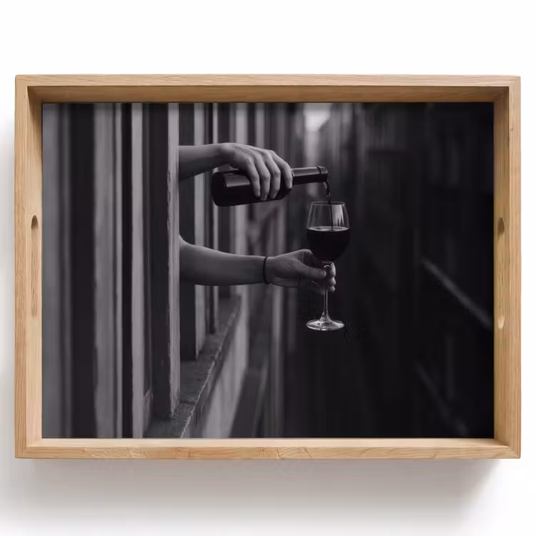 Tray - Wine bottle - Glass - Hands - Window — 1