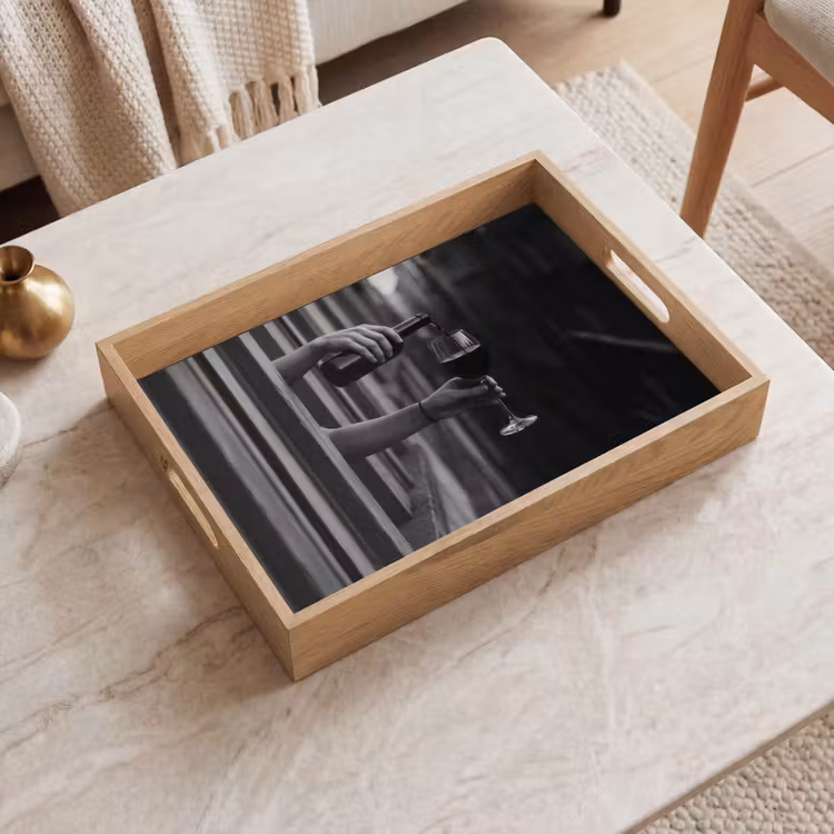 Tray - Wine bottle - Glass - Hands - Window — 2