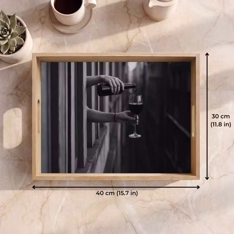 Tray - Wine bottle - Glass - Hands - Window — 7