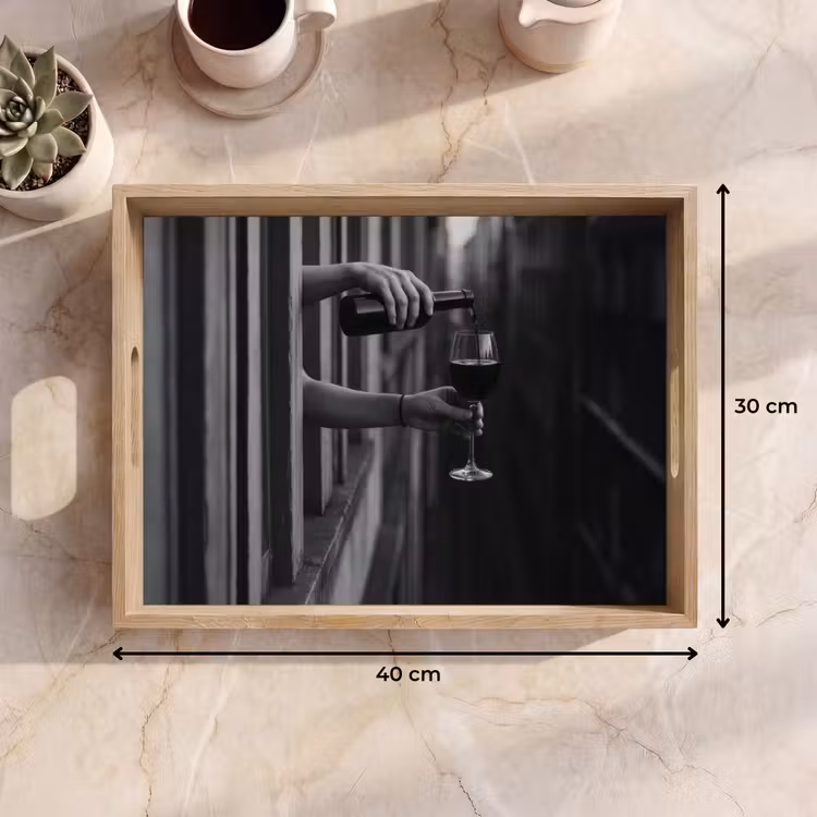 Tray - Wine bottle - Glass - Hands - Window — 8