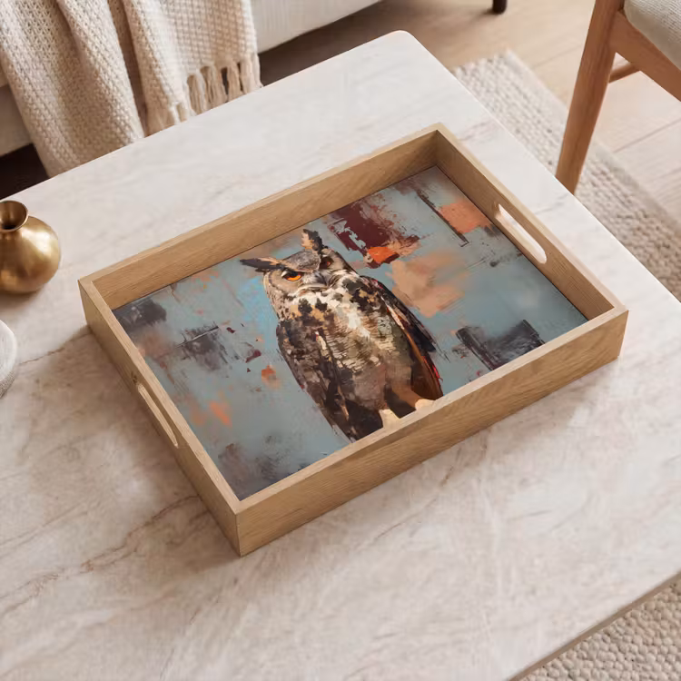 Tray - Painted - Abstract - Owl - Brown — 2